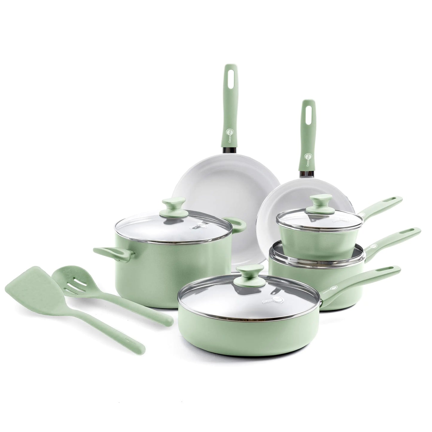 Healthy Ceramic Nonstick 12 Piece Cookware Pots and Pans Set PFAS-Free Dishwasher Safe Comfort Grip Handle Pastel Green