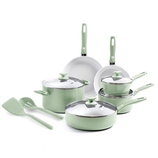Non-Toxic Ceramic 12-Piece Cookware Set – PFAS-Free Nonstick Pots and Pans, Durable & Dishwasher Safe, Soft Comfort Handles, Mint Green